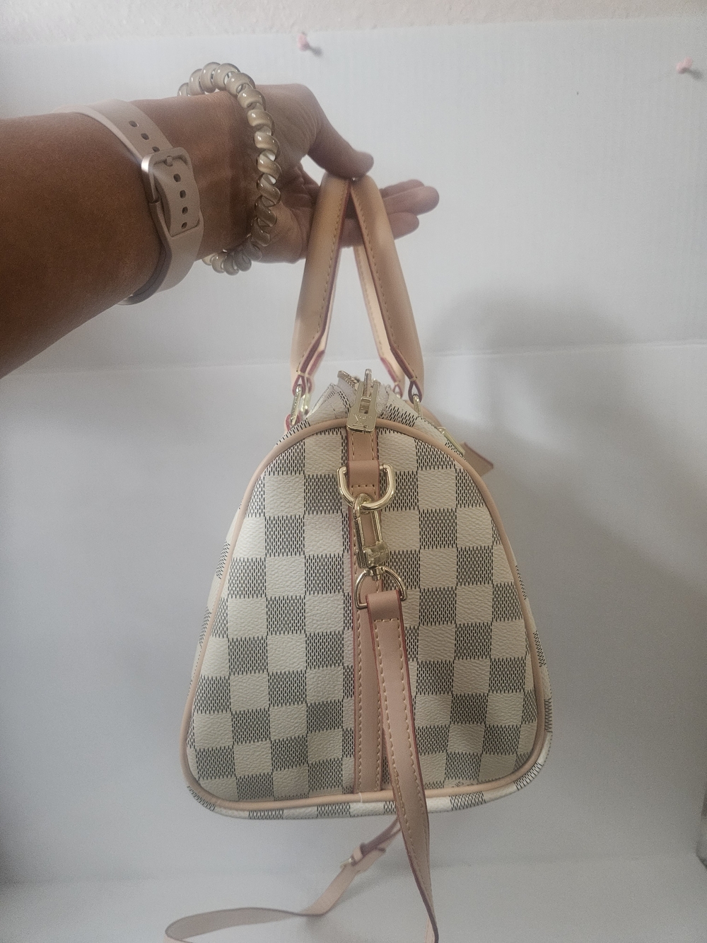 Cream Checkered Women's Satchel Bag with Leather Trim Speedy 25 - Picture 7 of 11